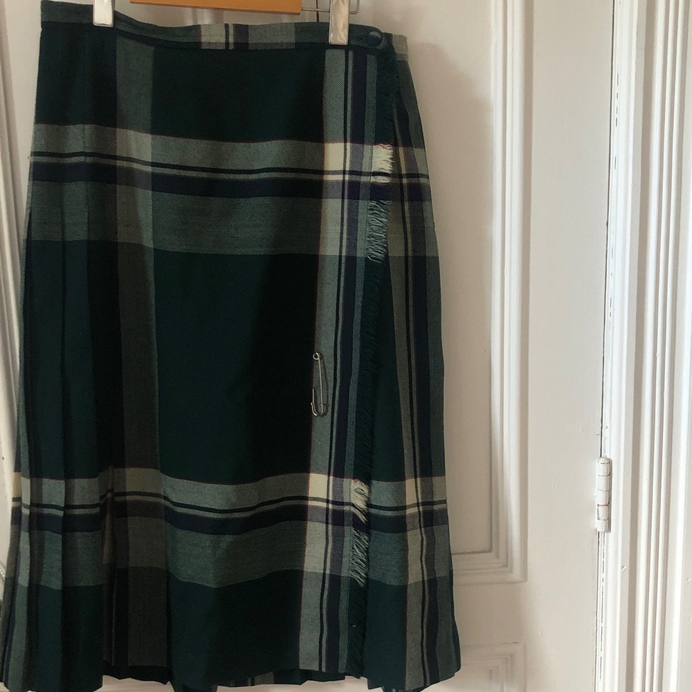 Vintage Wool Green and Navy Plaid Wrap Skirt Kilt